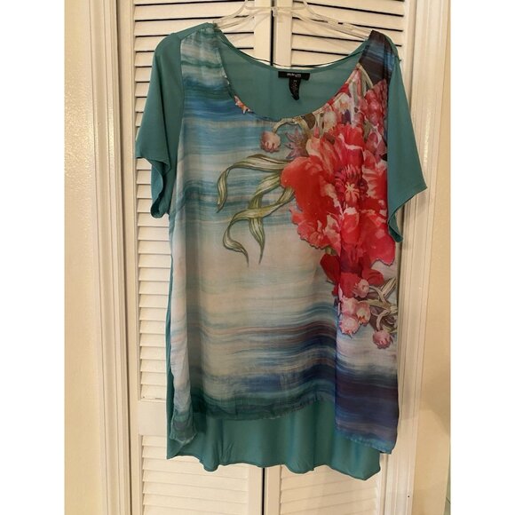 STYLE & CO Womens 2X Blue Multi Floral Print Short Sleeve Tunic Top Beach Resort - Picture 1 of 7